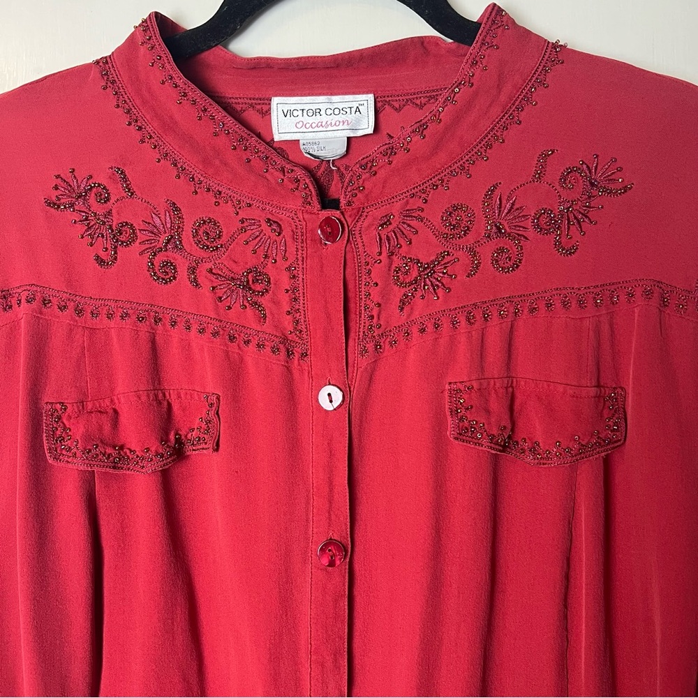 Victor‎ Costa Occasion - Women's Vintage Beaded Silk Blouse Red - Sz. 1X - Picture 5 of 10